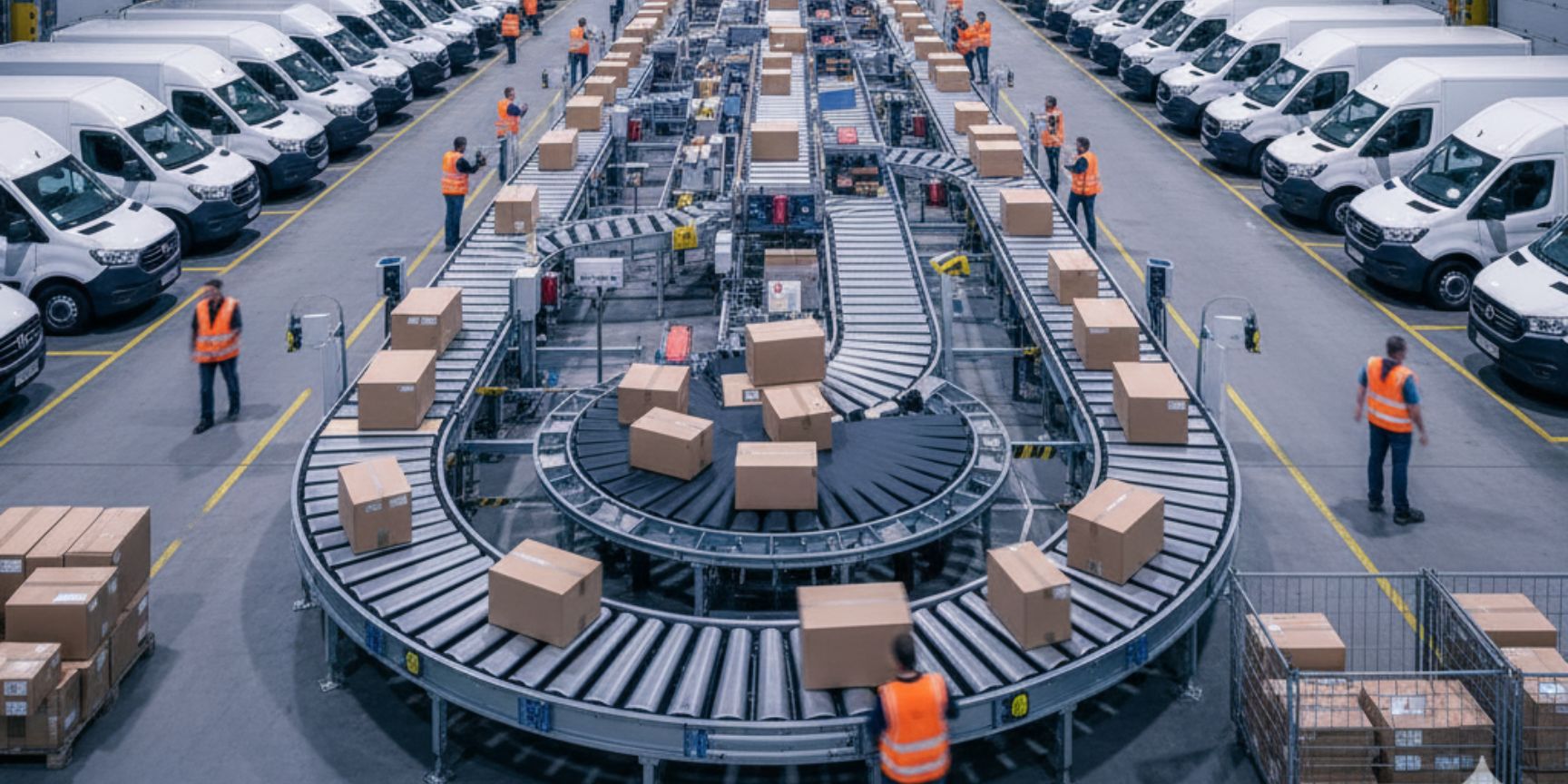 Dynamische Ansicht eines KEP-Verteilzentrums bei Nacht mit Paketen auf Förderbändern und zahlreichen parkenden Lieferwagen, die auf die Beladung warten, veranschaulicht die Hektik und den Umfang der Paketsortierung und -auslieferung.